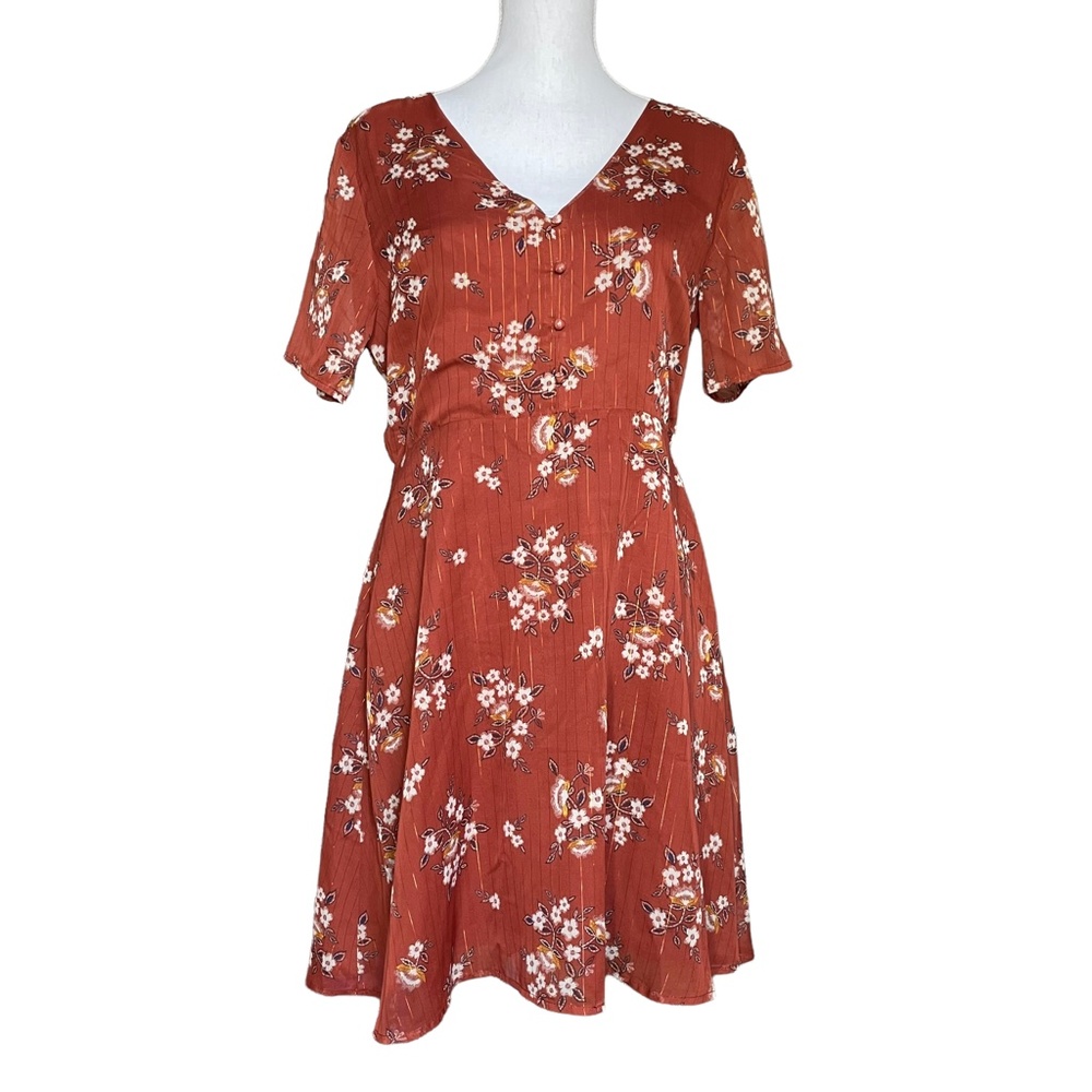 Floral Cutout Dress L Orange Rust Ditsy Floral Metallic Stripe V-Neck Short